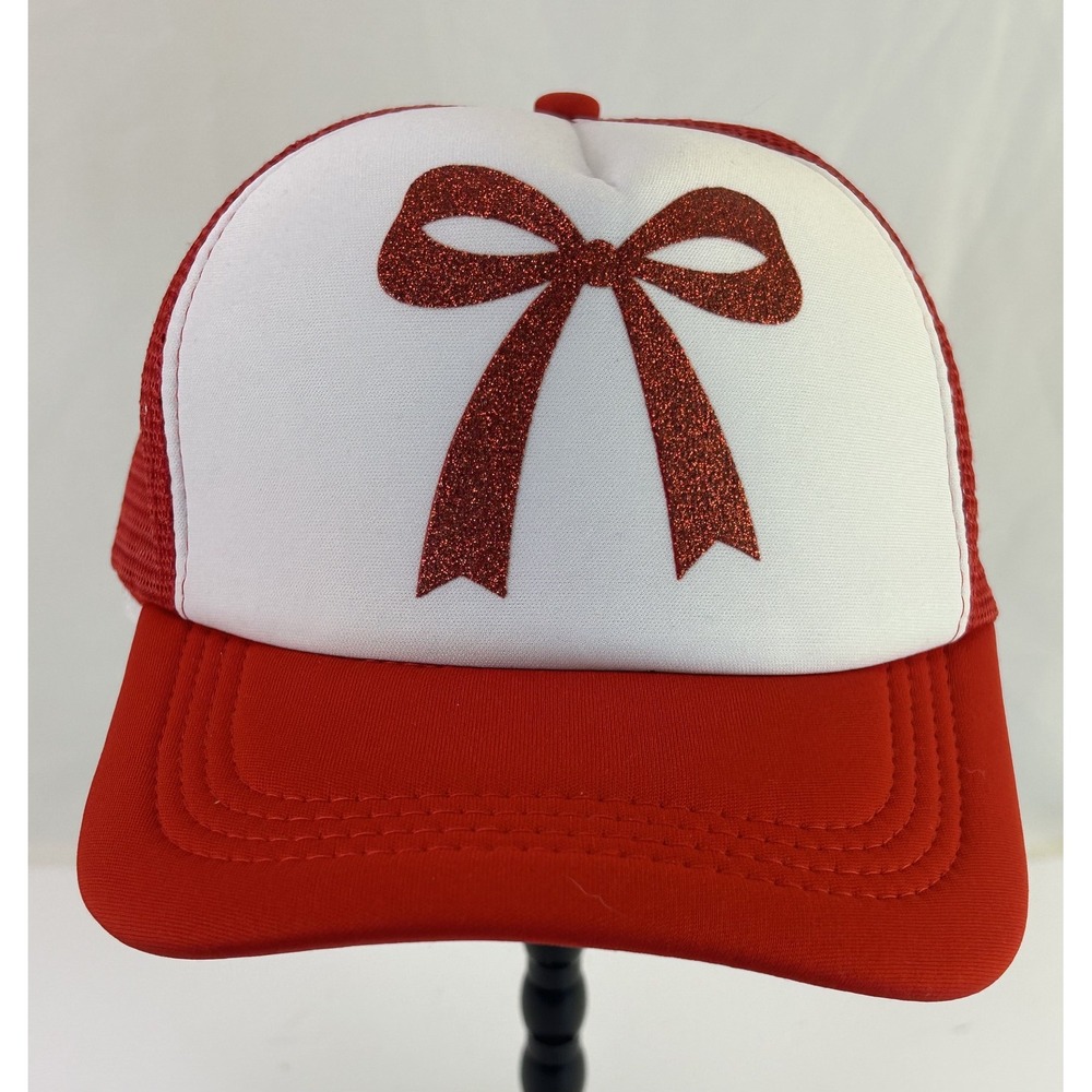 The Christmas Shoppe Red White Glitter Bow Trucker Hat Holiday Party Accessory